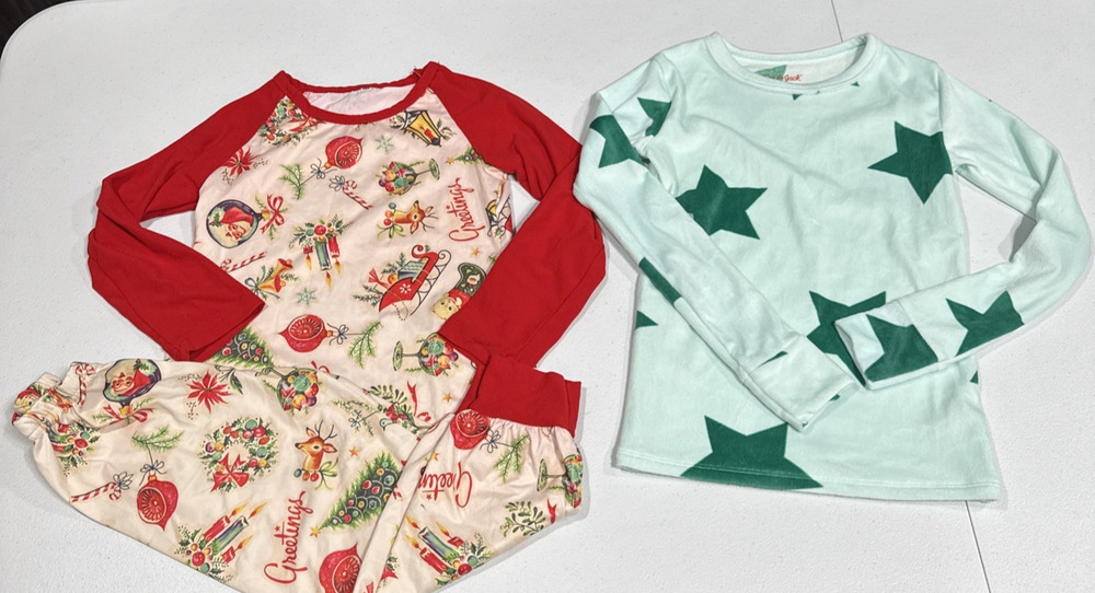 Girls Clothes Size 7/8 Christmas Pajama Set & Green Star Pjs Top Casual Colorful